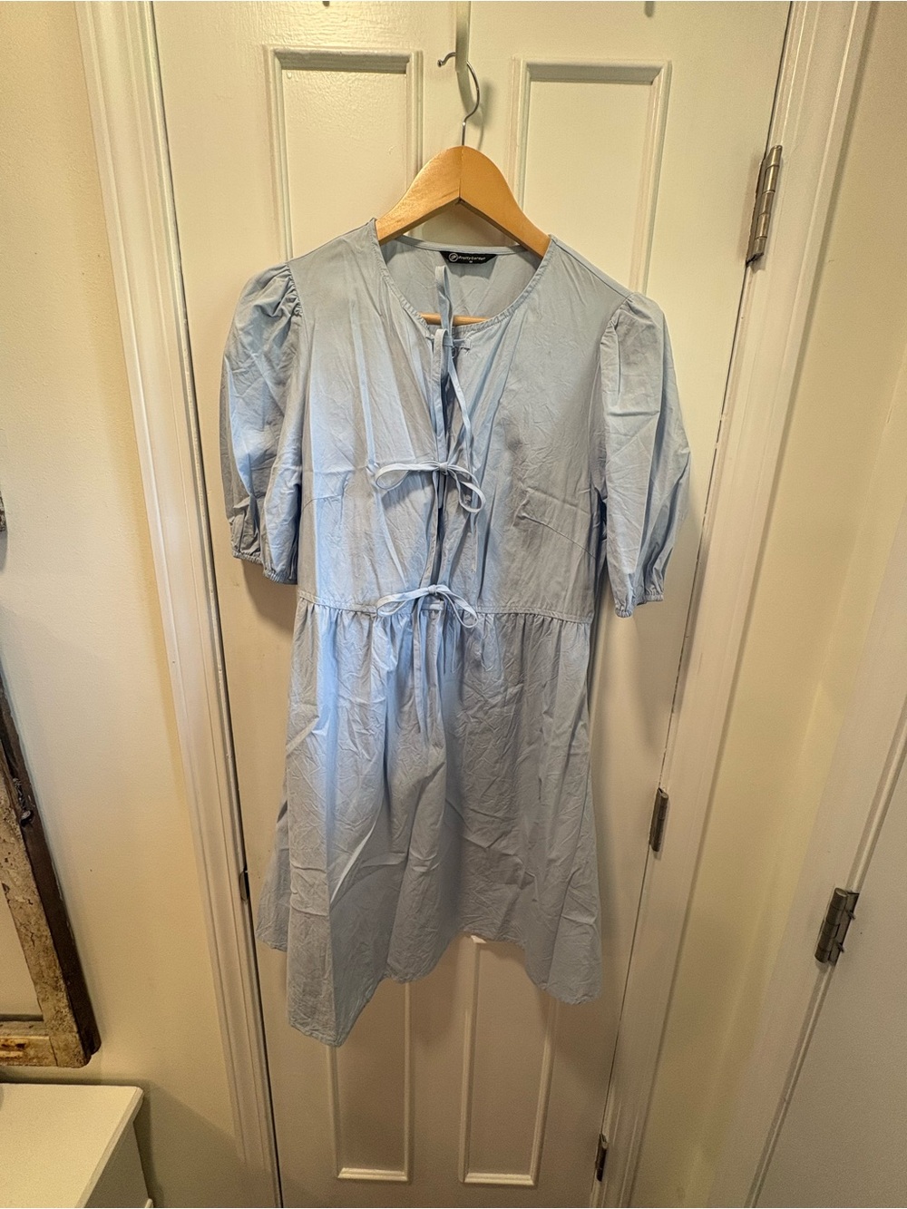 Light Blue Tie-Front Mini Dress with Puff Sleeves